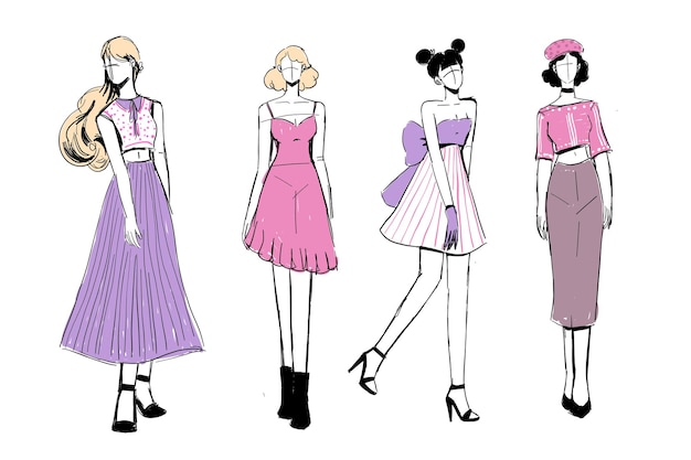 Set of Sketches of beautiful and diverse female fashion outfits.