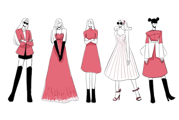 Vector set of sketches of beautiful and diverse female fashion outfits