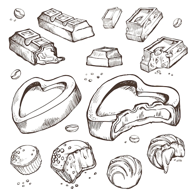 Set of sketches bitten chocolates. sweet rolls, bars, glazed, cocoa beans. isolated objects on a white