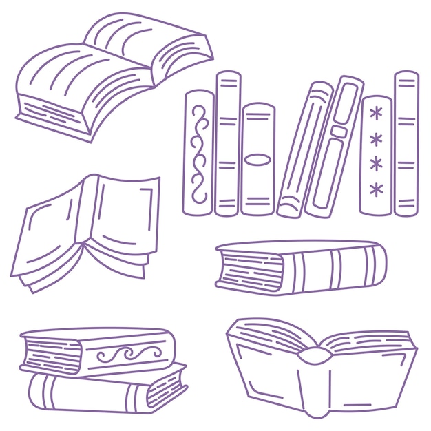 図書の概要のスケッチのセット 学校に戻る 図書店図書館の線のシンボル 手描きの書籍のシルエットの群れ 図書屋のアイコン