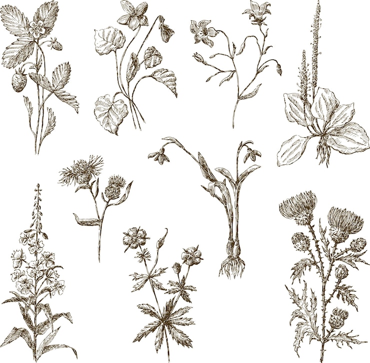Vector set of sketches different wildflowers