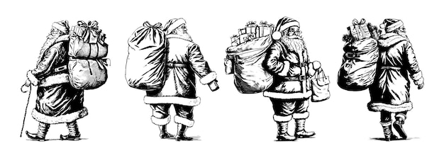 Set of sketches of Santa Claus in different poses