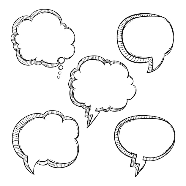 Set of sketchy bubbles talk or speech with line art or doodle style on white background