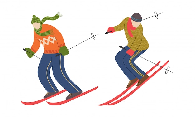 Set of Skier character. Man skiing. Athlete on the downhill. Vector