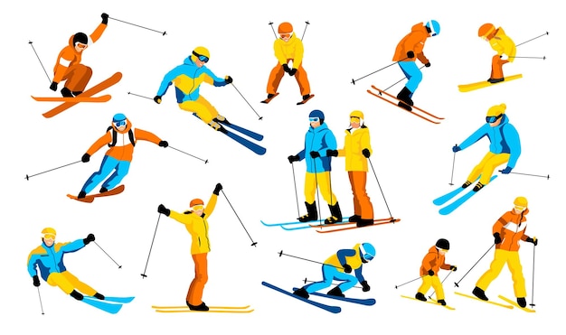 Set of skiers isolated on white background family winter trip in mountains ski actions downhill slalom freeride ski jumping freestyle skiing in winter alps vector illustration