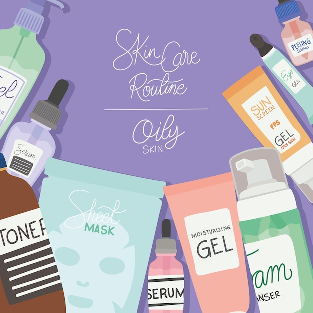 Vector set of skin care icons, skin care rutine and oily skin lettering on purple illustration