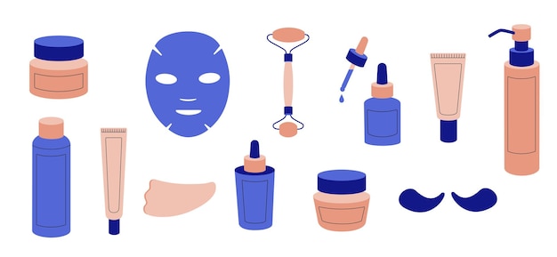 Vector set of skin care products cartoon drawing of face cosmetic bottles and tube cream serum and toner