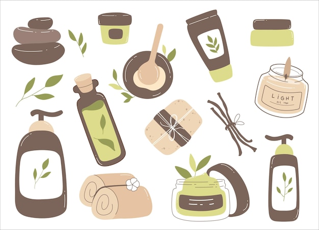 Vettore set di illustrazioni piatte di prodotti cosmetici biologici skincare spa con vari vasetti per cosmetici, tubi e confezioni di flaconi
