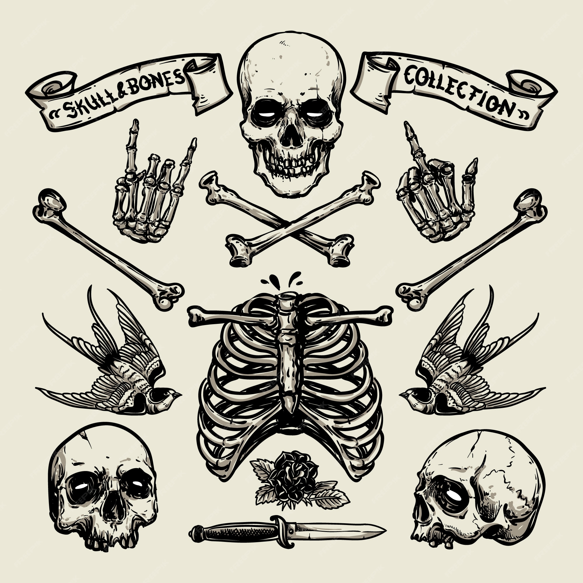 Premium Vector  Set of skull and bones in hand drawing style