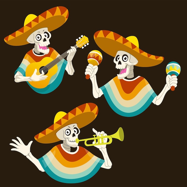 Set Skull Cartoon Mexican Character