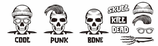 set of skull characters, wearing hat, wearing glasses and punk style along with material design mate