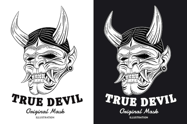 Vector set skull dark art japanese mask devil demon hand drawn engraving style