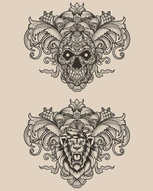 Set skull and lion with engraving style