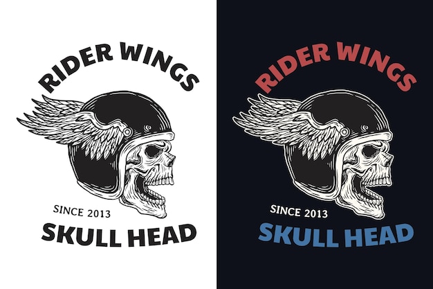 Set Skull Rider Helm met vleugel Donkere illustratie Skull Bones Head Hand getrokken arcering overzichtssymbool Tattoo Merchandise Tshirt Merch vintage