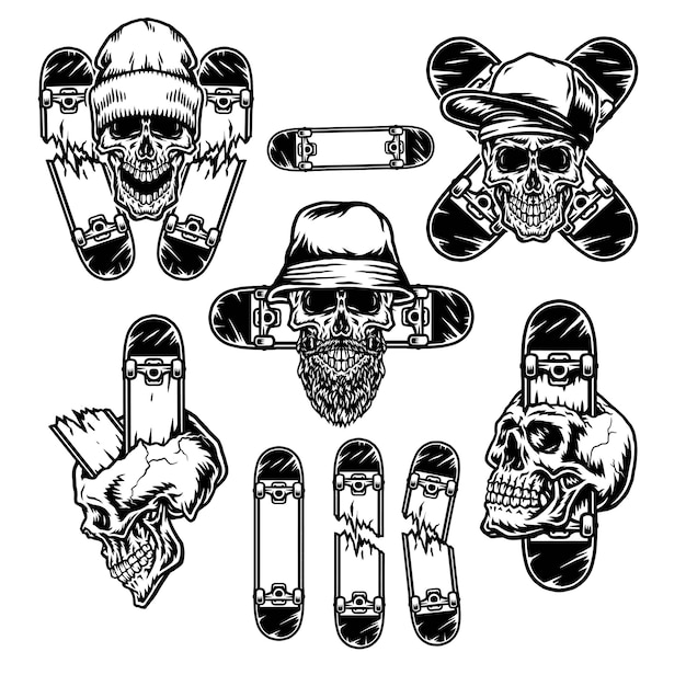 Set di teschio con skateboard, isolato su sfondo bianco