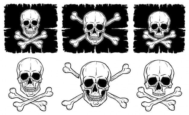 Set of skulls and crossbones isolated over white background. freehand drawing human skulls.