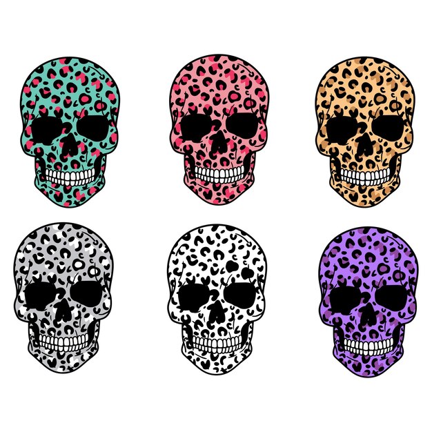 Set di teschi cranio di leopardo halloween illustrazione vettoriale isolato su sfondo bianco