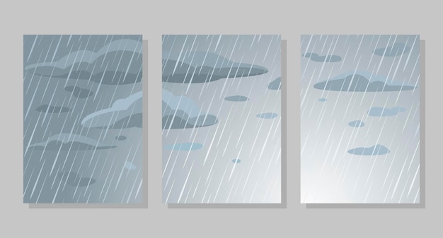 Vector set of sky background frames rain and clouds