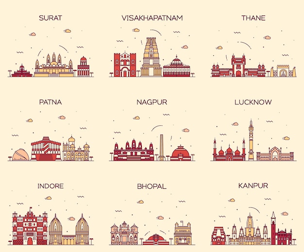 Set skylines van Indiase steden. Mumbai, Delhi, Jaipur, Kolkata, Hyderabad, Ahmedabad, Pune, Chennai