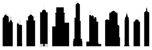 Set of skyscrapers isolated on white background Modern skyscraper silhouette Vector illustration