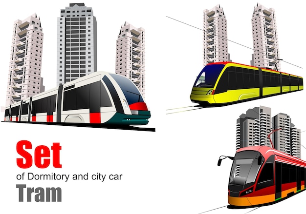 Vector set slaapzaal en stadsauto tram vector 3d illustratie