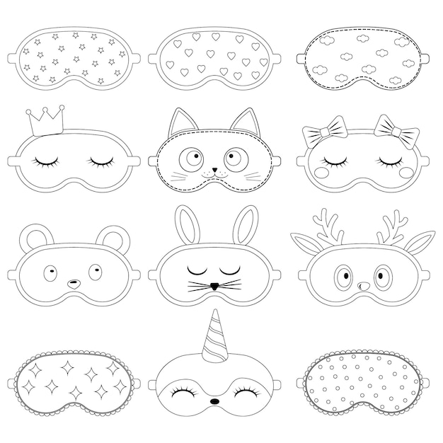 Set of sleep mask with a pattern, black contour, isolated vector illustration.