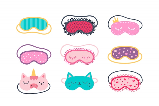 Set of sleep masks for eyes. Night accessory to healthy sleep, travel and recreation. Isolated illustrations on white background