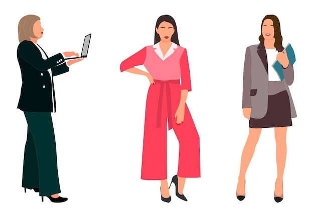 Vector set of a slender girl in a business suit standing adult model isometric flat style