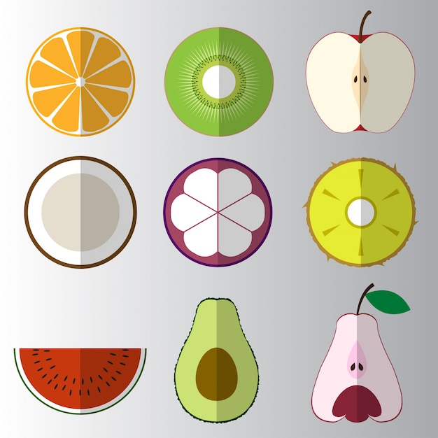 Vector set of sliced cut fruit flat icon