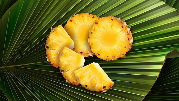 A set of slices of chopped pineapple on a leaf.