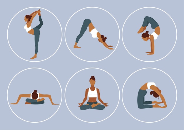 set of slim sportive young woman doing yoga or fitness exercises