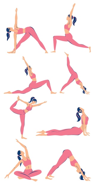 Vettore set di giovane donna sportiva esile che fa yoga illustrazione piatta alla moda set di pose di yoga