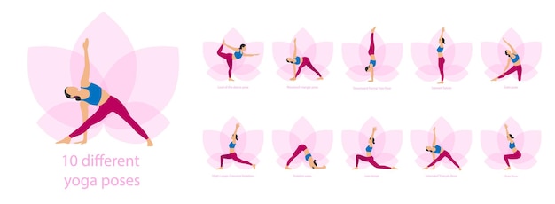 Vector set of slim sportive young woman doing yoga yoga complex fitness exercises