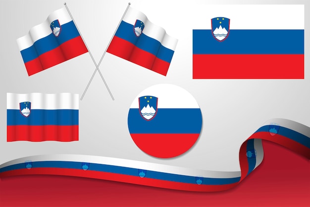 Vector set of slovenia flags in different designs icon flaying flags with ribbon with background