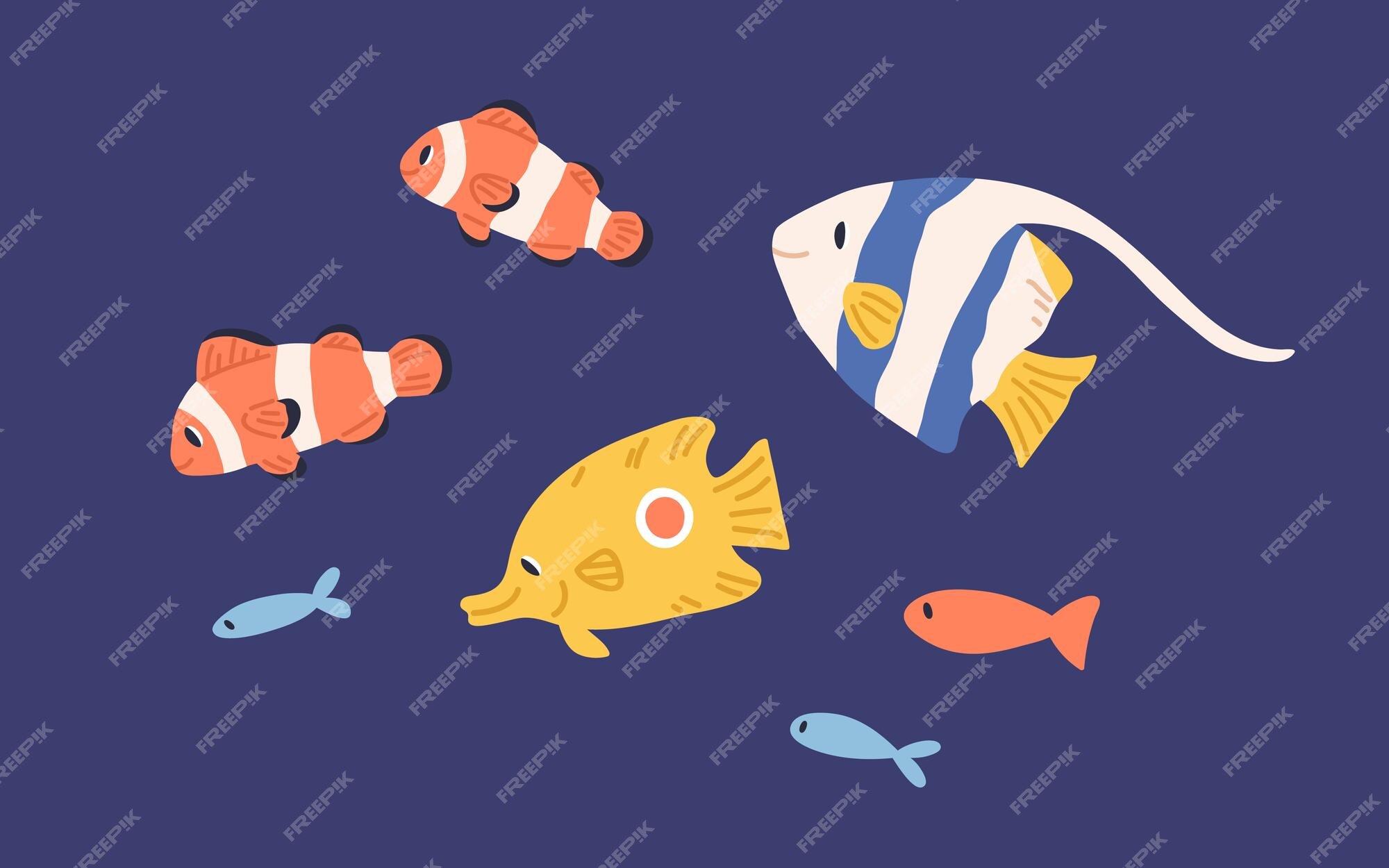 Free Vector  Cute bright fish game cartoon character set vector  illustration of underwater sea or aquarium creatures marine and ocean  tropical animals with smiling faces aquatic saltwater colorful critters