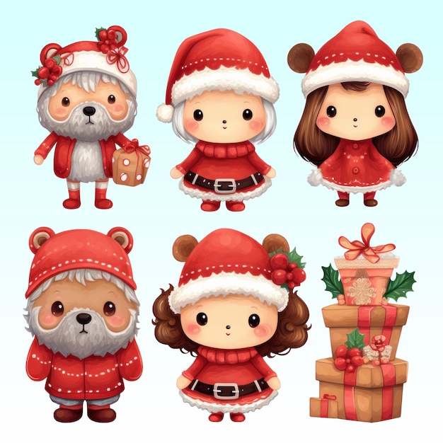 A set of small cute Christmas in red green clothes and hats no background with clipping path