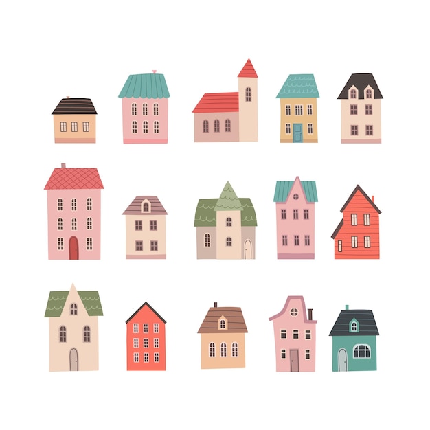 Set of small cute houses Cartoon buildings icons Tiny home collection in hand draw style isolated on white background Flat design