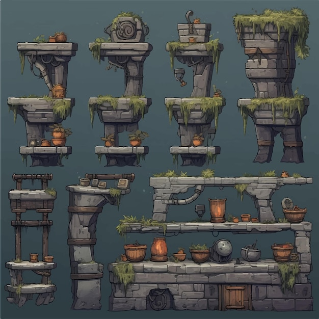 Set of small houses with different roofs and plants game background