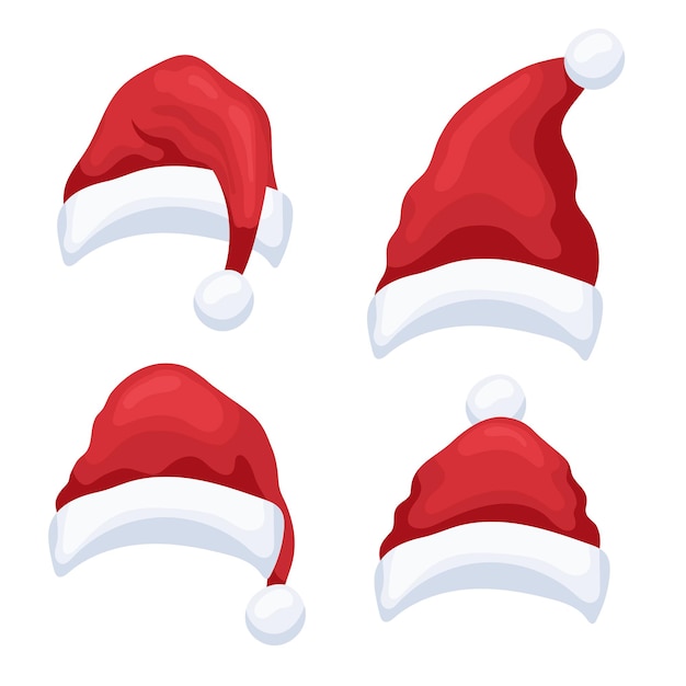 Set of small red christmas hats on white background