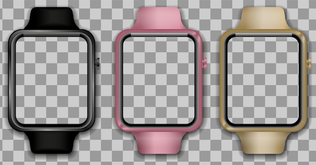 Vector set of smart watches with different straps with transprent screen