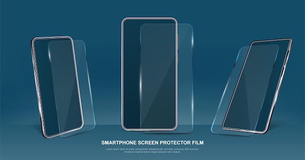 Vector set of smartphone glass screen protectors on dark blue background smartphone with transparent