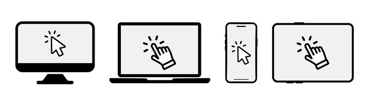 Vector set of smartphone, laptop, computer, tablet icons with click here button. click on the devices. device icons with click cursor. touch here for link to websites. arrow with touch button. touch, click