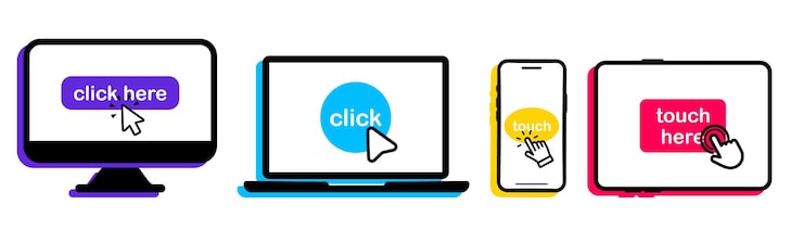 Vector set of smartphone, laptop, computer, tablet icons with click here button. click on the devices. device icons with click cursor. touch here for link to websites. arrow with touch button. touch, click
