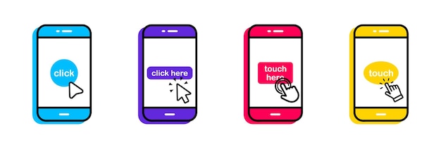 Vector set of smartphone touch screen icons with click here button. click on the smartphone. touch screen with hand touching. phone with click cursor. touch here for link to websites. arrow with touch button