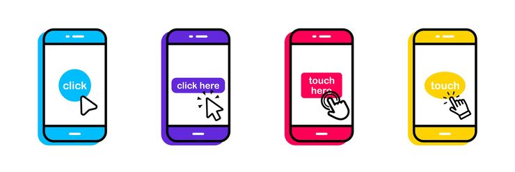 Vector 智能手机的触摸屏图标集. 点击这里按. 点击智能手机. 触摸屏幕与手触摸. 电话与点击光标. 点击在这里链接到网站.