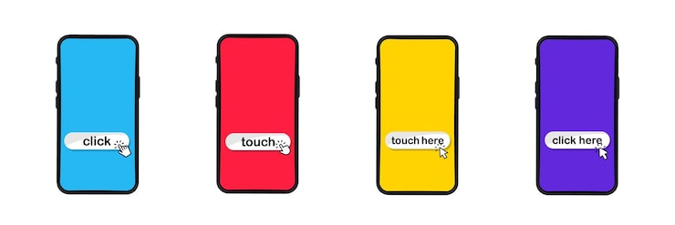 Vector 智能手机的触摸屏图标集. 点击这里按. 点击智能手机. 触摸屏幕与手触摸. 电话与点击光标. 点击在这里链接到网站.