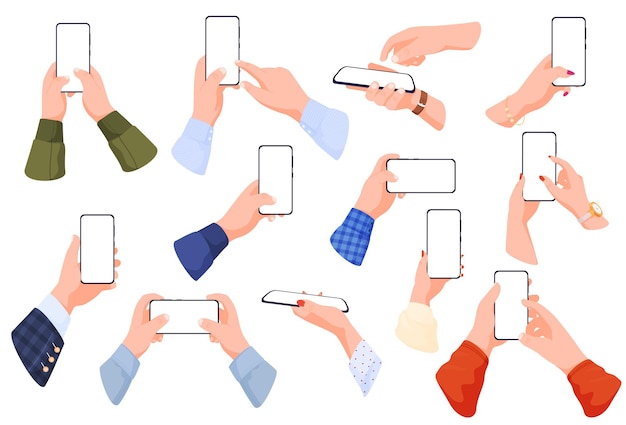 Vector set of smartphones in male and female hands different positions holding phones