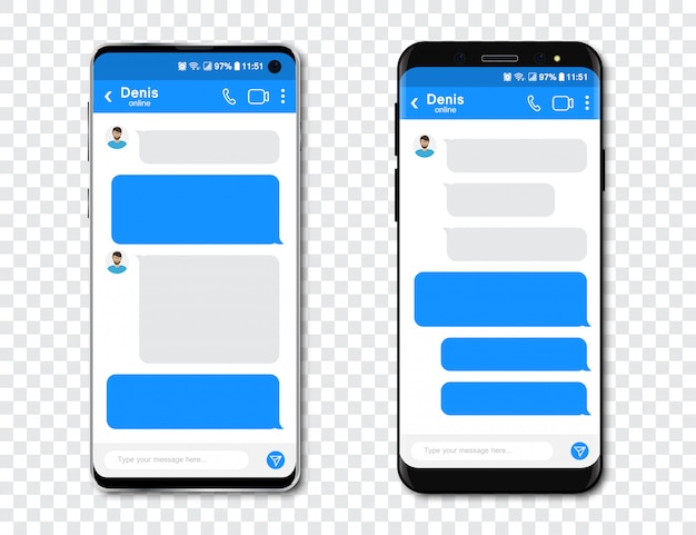 Vector set of smartphones with blank chat messenger. template with message bubbles in smartphone