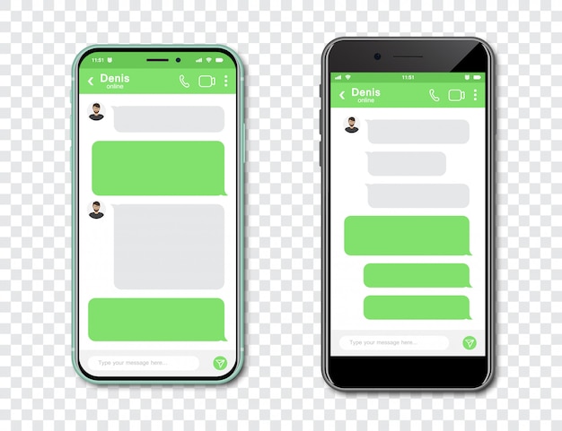 Vector set of smartphones with blank chat messenger. template with message bubbles in smartphone