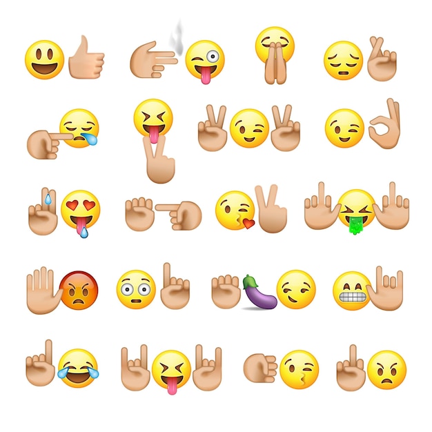 Set of smiley faces and hands icons emoji